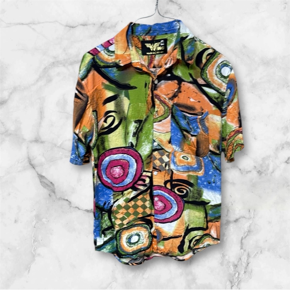 VTG rare Wing Orange Green Casual geometric print multicolor Button Down Shirt S